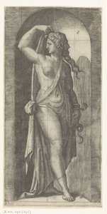 Kvinna som personifierar Prudence (Prudentia) med orm och mask Seven Virtues (serietitel) av Marcantonio Raimondi
