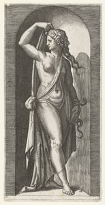 Kvinna som personifierar Prudence (Prudentia) med orm och mask Seven Virtues (serietitel) av Marcantonio Raimondi