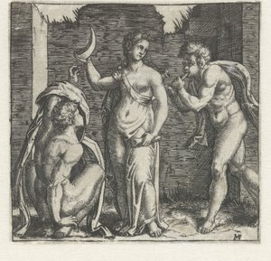 Kvinna med halvmåne flankerad av faun som blåser horn och man på huk av Marcantonio Raimondi