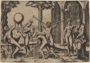 Mannen med två trumpeter av Marcantonio Raimondi after Baccio Bandinelli