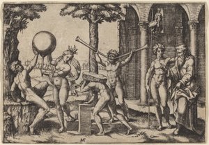 Mannen med två trumpeter av Marcantonio Raimondi after Baccio Bandinelli