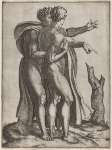 Två nakna män av Marcantonio Raimondi after Michelangelo