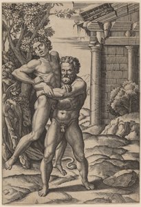 Hercules och Antaeus av Marcantonio Raimondi, after Raphael