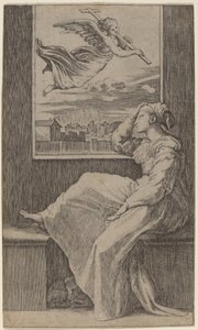 Eftertänksam kvinna av Marcantonio Raimondi possibly after Raphael