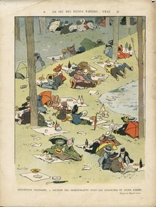Illustration av Marcel Capy (1865-1941) i Le Lire, 28/05/10 - Spelet med små feta papper - Hobby, picknick, gastronomisk kock av Marcel Amable O.L. Capy