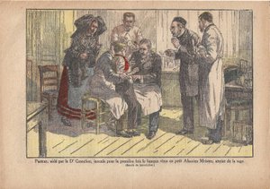 Pasteur, assisterad av Dr. Grancher, inokulerade det berömda viruset för första gången i den lilla Alsace-mästaren, infekterad med rabies., Le Pèlerin, 1922-11-5 (tryck) av Marcel Lecoultre