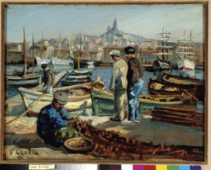 Fiskare på kajen i Marseilles hamn Målning av Marcel Leprin (1891-1933) Obligatoriskt omnämnande: Samling fondation regards de Provence, Marseille