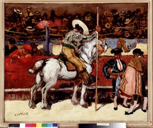 Picador och matador i arenan för tjurfäktning. Målning av Marcel Leprin (1891-1931) Dim. 50x61 cm Obligatoriskt omnämnande: Collection fondation regards de Provence, Marseille
