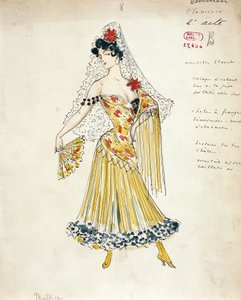 Frankrike, Paris, skiss av kostym för flamencodansare för Carmen av Georges Bizet