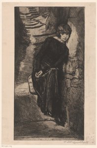Kvinna klädd i svart lutad mot väggen Misère de misère (titel på objekt) Girl of Pleasure (serietitel) Fille de Joï (serietitel på objekt) av Marcel Roux (signed by artist)