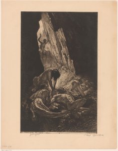 Interiör i en mörk grotta med varelser som slukar en naken man Guet apor (titel på objekt) av Marcel Roux (signed by artist)