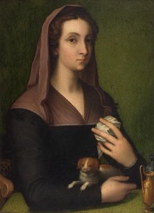 Ett porträtt av en dam (olja på panel) av Marcello (follower of) Venusti