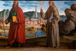 St Francis tar emot stigmata bland St. Clare och Peter, den välsignade Bartolomeo av Breganze, och St. Paul och Bernardino, detalj
