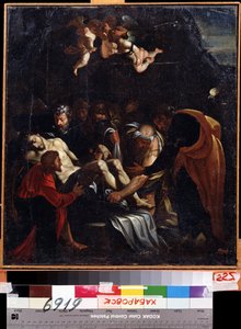 Nedstigningen från korset. Bland karaktärerna representerade runt Jesu Kristi kropp: Jungfru Maria, Sankta Maria Magdalena, Sankt Josef av Arimatea och Sankt Nikodemus. Målning av Marcelle Venusti (1512 eller 1515-1579). H