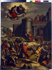 Sankt Stefans martyrskap. (Stefans martyrskap). Kristendomens förste diakon, Stefan eller Stephane (martyr år 35), stenas utanför staden Jerusalem och under sin prövning deltar i ett mirakel, Gud och Jesus Kristus visar sig, förgås