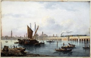 Bron över lagunen i "Album of the main views of Venice"" teckningar av Marco Moro ed. Gio Brize-Ghel n.d 1840. ca. av Marco (after) Moro