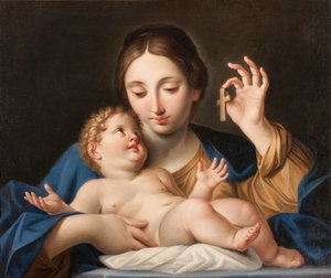 Madonnan visar ett litet kors till Jesus (olja på duk)