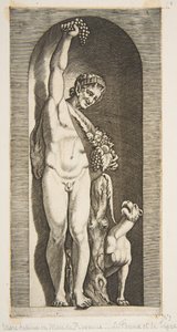 En faun som står i en nisch och håller upp ett druvklase med sin högra hand och ..., ca. 1515-27. av Marco Dente