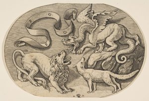 Ett lejon, en drake och en räv som slåss mot varandra, en inskriven banderole ovanför, en oval c..., ca. 1515-27.