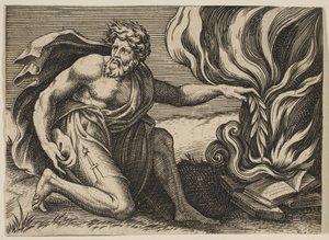 En man som knäböjer och lägger en lagergren på en hög med brinnande böcker, ca. 1515-27. av Marco Dente