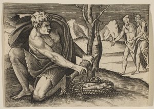En man som knäböjer bredvid en fiskkorg och tar en med båda händerna, två män vid ..., ca. 1515-27. av Marco Dente