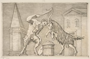 En satyr och en bagge attackerar varandra, satyren använder en klubba med sin högra ha..., ca. 1515-27. av Marco Dente