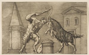 En satyr och en bagge attackerar varandra, satyren använder en klubba med sin högra ha..., ca. 1515-27.