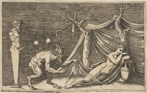 En satyr som upptäcker en sovande kvinna, två krabbor hängande i ett rep som är spänt..., ca. 1515-27.