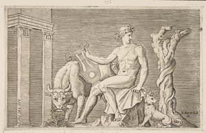 Apollo sköter Admetus flockar, Apollo sitter med en lyra och flankerad av en..., ca. 1515-27. av Marco Dente