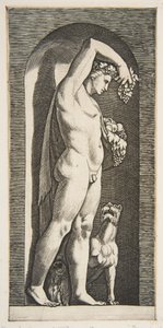 Bacchus stående i en nisch med druvor i sin upphöjda högra hand, frukt i sin l..., ca. 1515-27. av Marco Dente