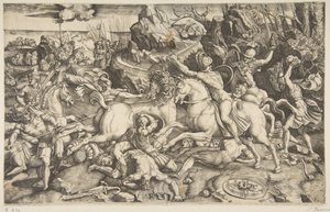 Stridsscen i ett landskap med soldater till häst och flera stupade män, en annan..., ca. 1520. av Marco Dente