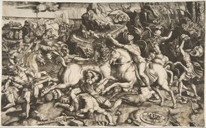 Stridsscen i ett landskap med soldater till häst och flera stupade män, en annan..., ca. 1520. av Marco Dente