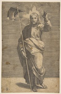 Kristus står vänd framåt, håller ett kors med en banderoll och höjer sin vänstra ..., ca. 1515-27. av Marco Dente