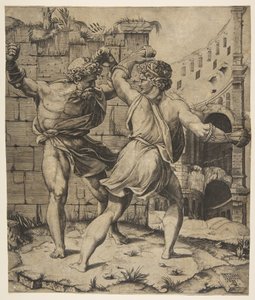 Entellus och Dares slåss framför klassiska ruiner, 1520-25. av Marco Dente