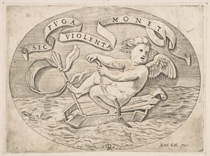 Eros flyr till sjöss, Amor använder sin båge för att driva fram en båt gjord av hans koger med..., ca. 1515-27. av Marco Dente