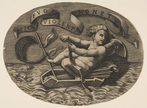 Eros flyr till sjöss med hjälp av sin före för att driva fram en båt gjord av hans koger med en ar..., ca. 1515-27. av Marco Dente