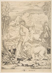 Motstånd i profilvy går mot en eld till vänster och leder en selad lio..., ca. 1515-27. av Marco Dente