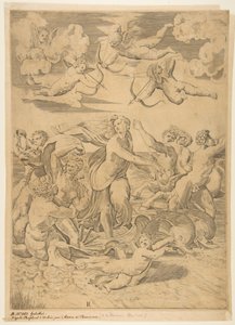 Galatea rider i ett skal som dras genom vattnet av delfiner, en cupid nedanför och f..., ca. 1515-27.