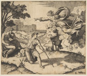 Gud som visar sig för Isak, Gud som svävar i moln och pekar mot Rebecca som sitter under..., ca. 1515-27. av Marco Dente