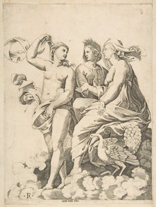 Juno, Ceres och Psyche i molnen och samtalade, Juno satt med en påfågel vid henne..., ca. 1515-27. av Marco Dente
