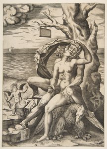 Jupiter och Semele omfamnar, en örn under dem, ett träd till höger med ett tomt t..., ca. 1515-27.