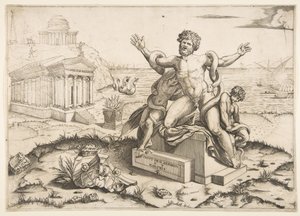 Laocoön och hans två söner attackeras av ormar på en piedestal, ett tempel till Mi..., ca. 1515-27. av Marco Dente