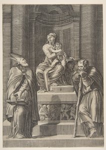 Saint Joseph till vänster och en biskop till höger stående framför jungfruns altare ..., ca. 1515-27. av Marco Dente