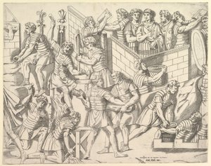 Romerska soldater som befäster sitt läger, från Trajanus..., 1500-talet. av Marco Dente