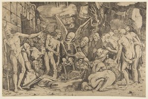 Skeletten, en grupp utmärglade män och kvinnor samlades runt ett skelett som lades på ..., 1515-27.
