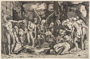 Skeletten, en grupp utmärglade män och kvinnor samlades runt ett skelett som lades på ..., 1515-27.