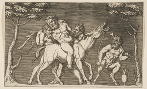 Två satyrer placerar Silenus på en mule och en tredje satyr till höger, ca. 1515-27.