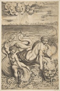 Venus och Amor rider på två havsmonster, Amor höjer en pil i sin högra hand, t..., ca. 1515-27.