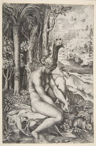 Venus tar bort en tagg från sin vänstra fot när hon sitter på en duk bredvid träd, en ..., ca. 1515-27. av Marco Dente