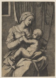 Jungfru som ammar spädbarnet Kristus i sitt knä, 1515-20. av Marco Dente